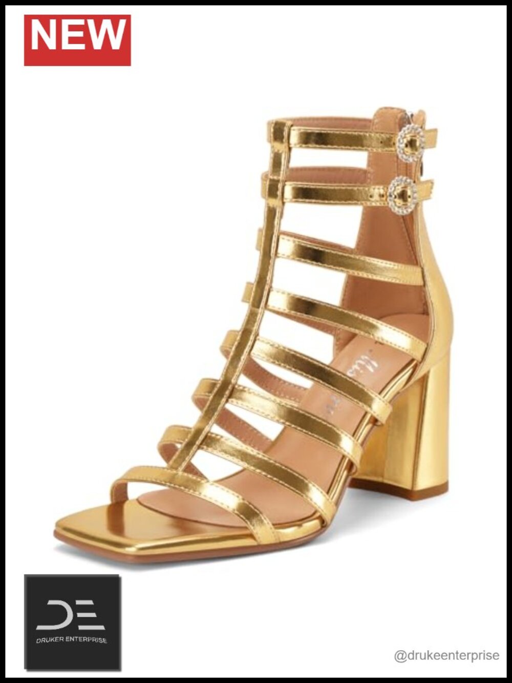 Women's Gladiator Strappy Sandals Roman Gold Chunky Block Heels Square Open Toe